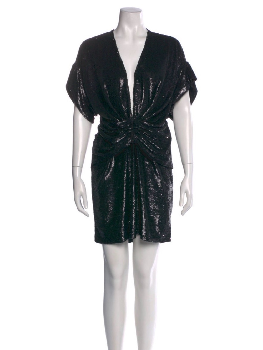 IRO Black Sequin Mini Dress US 4 FR36 Plunge Ruched Cocktail Party Dress